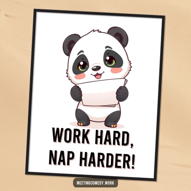 Free Printable Wall Art showing a cute panda cub enthusiastically presenting a stack of documents with a sweet and proud expression.