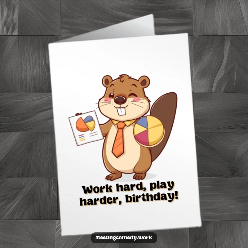 Funny Free Printable Birthday Card: Busy beaver in a tie presents a pie chart, perfect for a colleague's special day.
