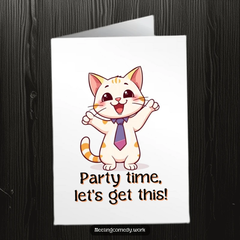 Funny Free Printable Birthday Card with a playful cat wearing a tie, pointing excitedly at a whiteboard indicating fun.