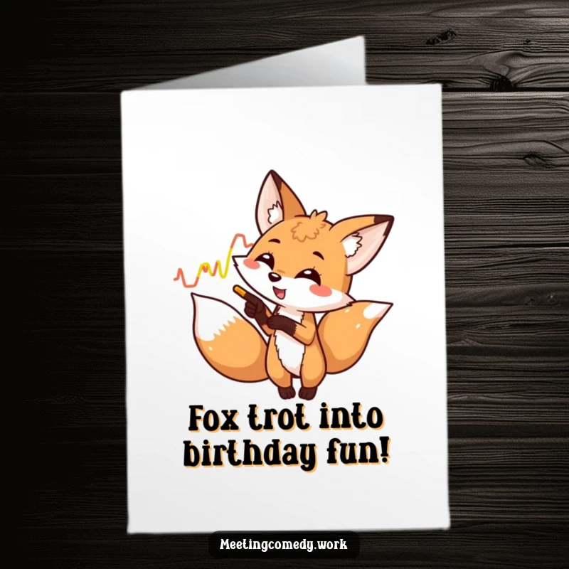 Funny Free Printable Birthday Card: Playful fox excitedly points at a colorful graph, celebrating a vibrant birthday.