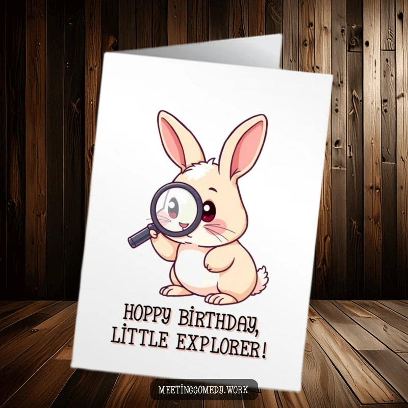 Funny free printable birthday card featuring a curious rabbit intently peering through a magnifying glass, looking for birthday surprises with a grin.