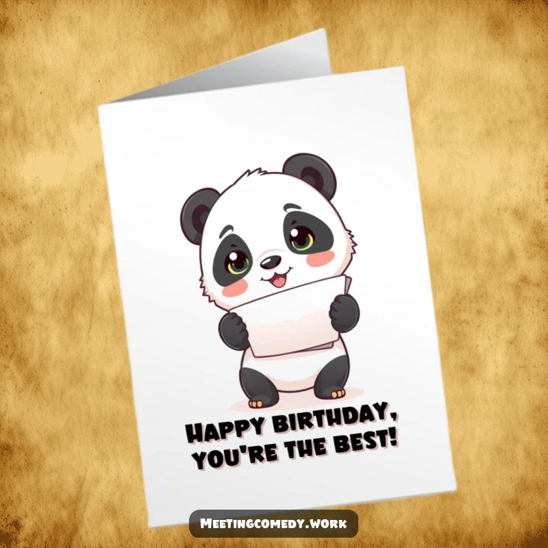 Free Printable Birthday Card featuring a cute panda cub enthusiastically presenting a stack of papers for the birthday celebration.