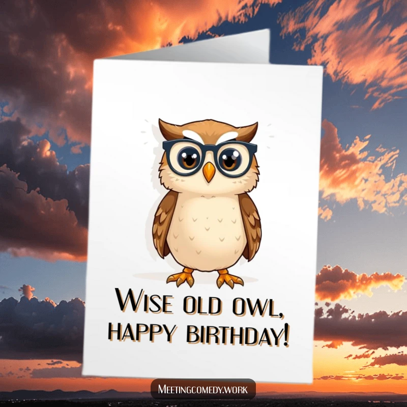 Funny Free Printable Birthday Card: Curious owl with tiny spectacles examines a whiteboard, ideal for knowledgeable friends.
