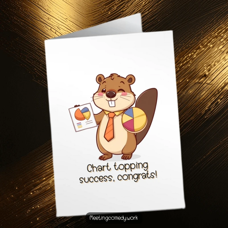 Funny Free Printable Congratulations Card: Busy beaver in a tie presents a success-themed pie chart, celebrating achievements.
