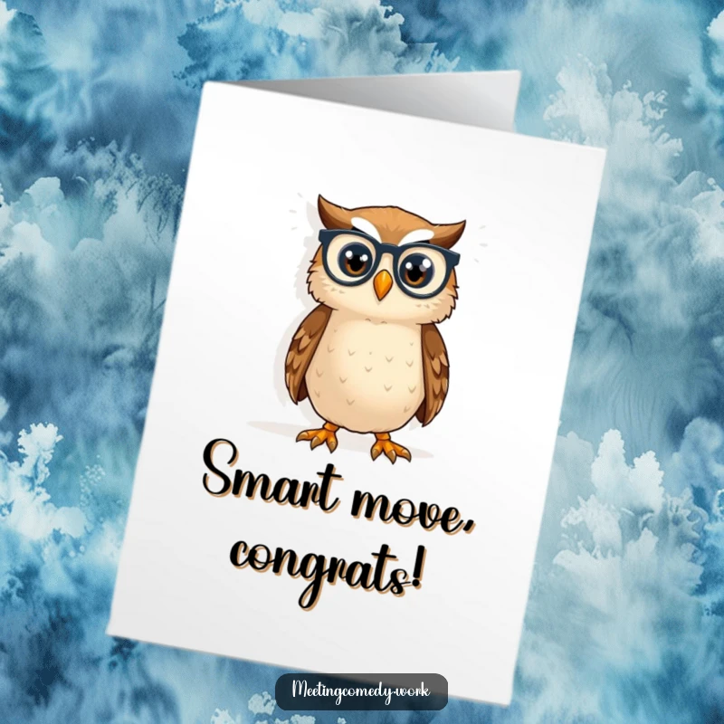 Funny Free Printable Congratulations Card: Owl wearing spectacles studies a whiteboard, celebrating intellectual success and smarts.