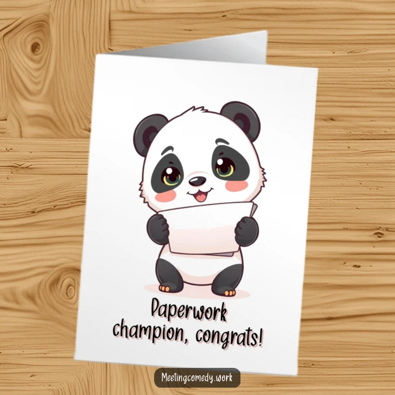 Free Printable Congratulations Card with a cute panda cub enthusiastically presenting a stack of important papers for a major achievement.