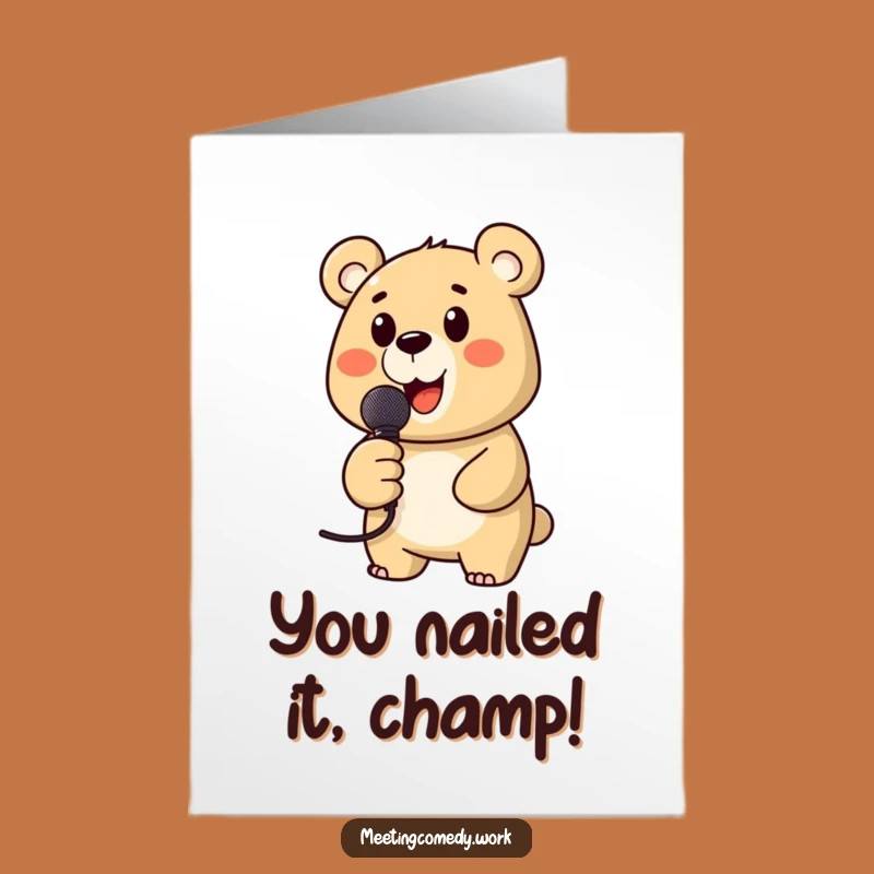 Free Printable Congrats Card: Microphone Bear Cheering, Funny Downloadable Greeting for Any Achievement