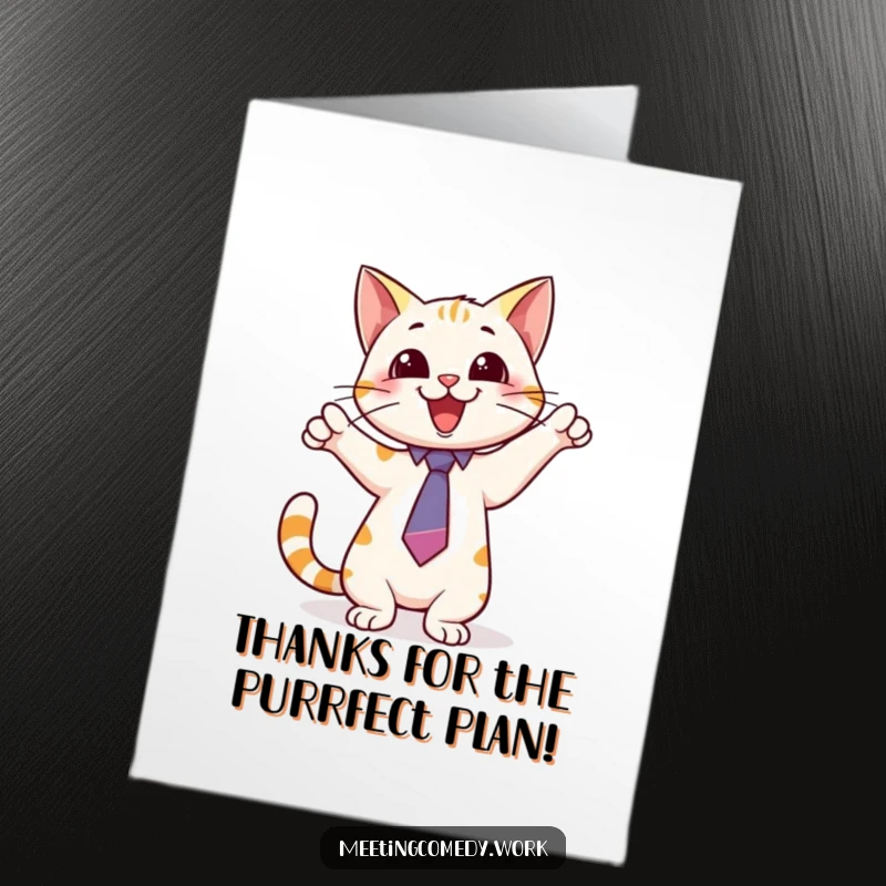 Free Printable Thank You Card with a playful cat wearing a tie pointing excitedly at a whiteboard, indicating thanks.