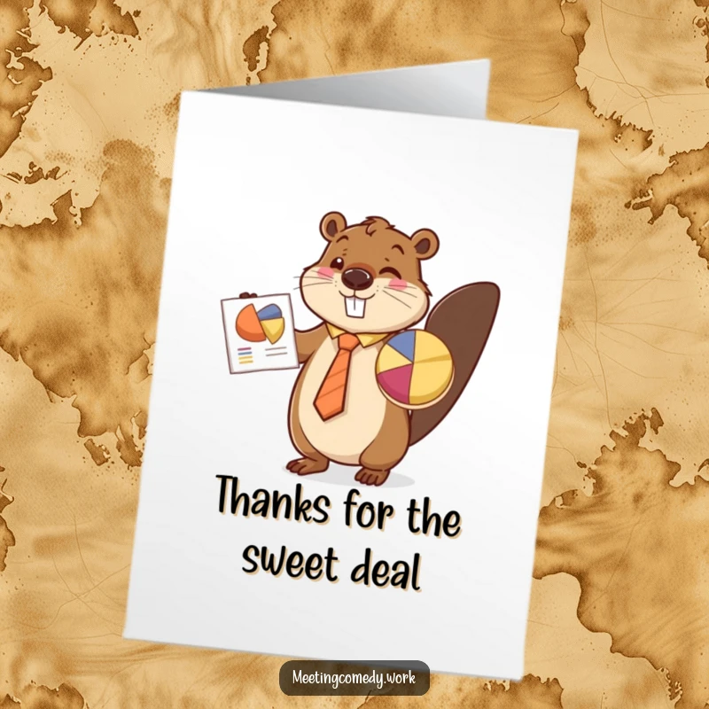 Funny Free Printable Thank You Card: Beaver in a tie joyfully presents a pie chart, a unique way to say thanks.