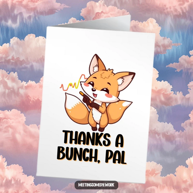 Funny Free Printable Thank You Card: A playful fox enthusiastically points to a colorful graph, showing appreciation.