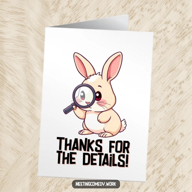 Funny free printable thank you card featuring a curious rabbit holding a magnifying glass, inspecting the details of gratitude with a smile.