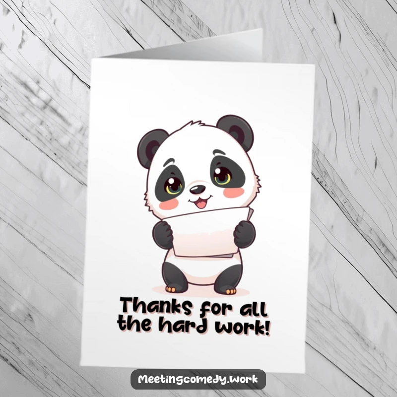 Free Printable Thank You Card featuring a cute panda cub presenting a stack of papers with enthusiasm to express heartfelt thanks.