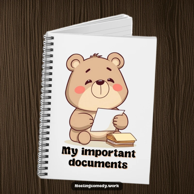 Funny bear diligently sorting papers with a satisfied grin, perfect for jotting down organized ideas in a humorous notebook.