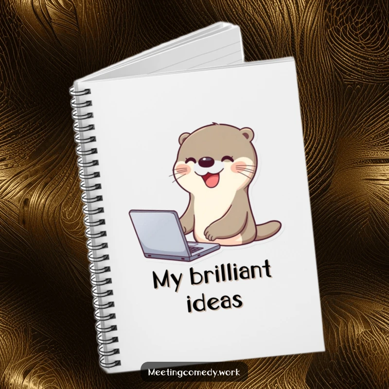 Funny otter with a beaming smile using a laptop, perfect for jotting down ideas in a humorous notebook.