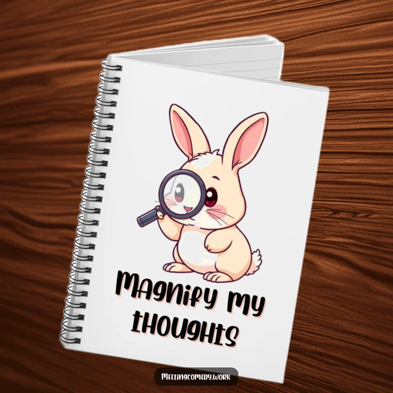 Funny notebook with a curious rabbit peering through a magnifying glass, ideal for note-taking and research.