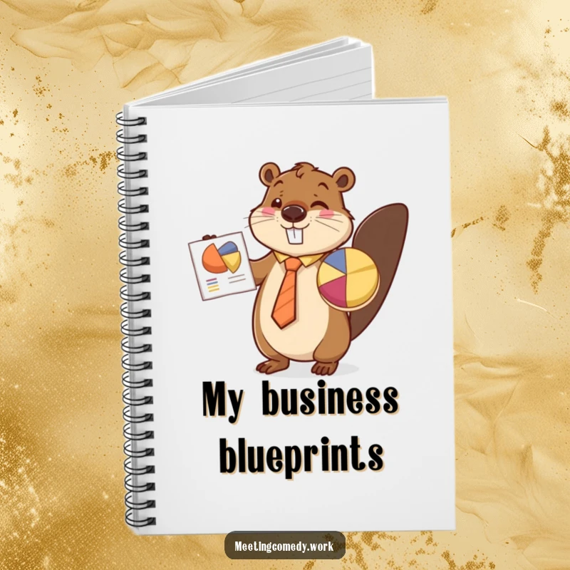 Funny beaver in a tie presenting a pie chart, perfect for note-taking and business ideas on a humorous notebook.