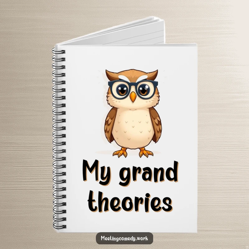 Funny owl with tiny spectacles peering at a whiteboard, ideal for capturing brilliant ideas in a humorous notebook.
