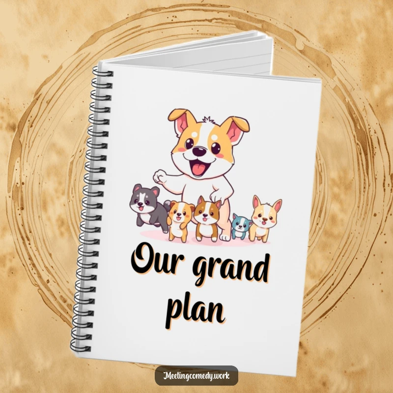 Funny notebook featuring a determined dog leading small animals, perfect for note-taking and planning with courage.