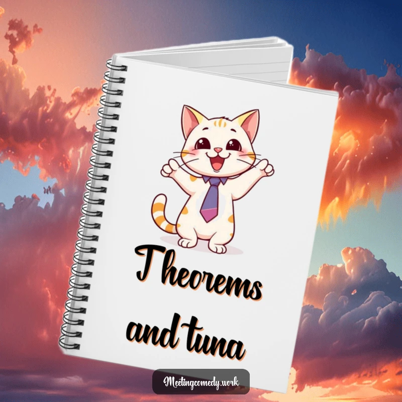 Funny notebook with a playful cat wearing a tie, pointing excitedly at a whiteboard, ideal for jotting down smart ideas.