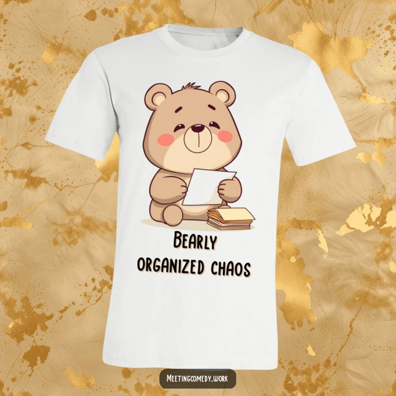 Funny bear diligently sorting papers with a satisfied grin, ideal for expressing focus and humor on a t-shirt.