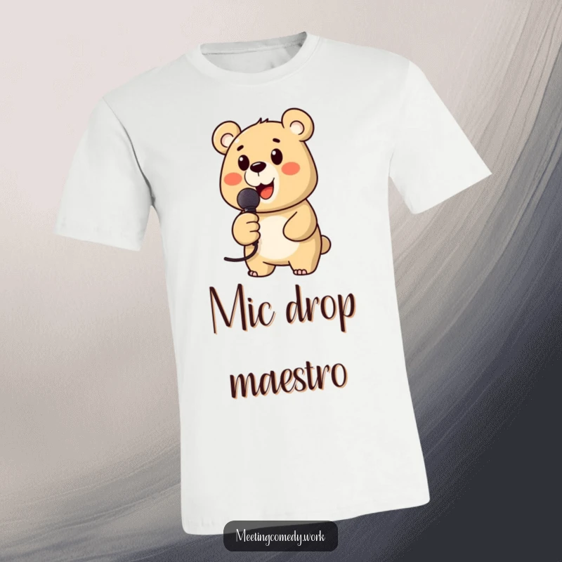 Funny t-shirt with a happy bear holding a microphone, looking eager to sing, ideal for music and comedy fans.