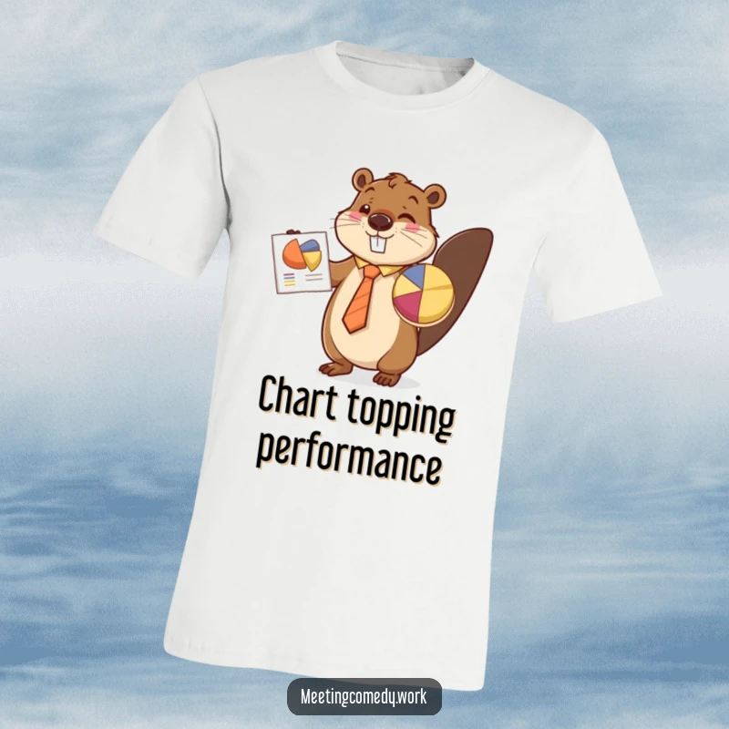 Funny beaver wearing a tie, enthusiastically presenting a pie chart, showcasing business acumen and humor on a t-shirt.
