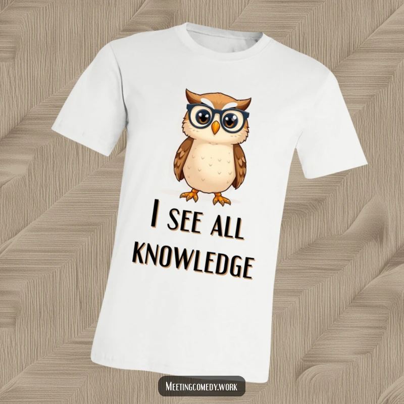 Funny owl with tiny spectacles peering at a whiteboard, perfect for expressing intelligence and humor on a t-shirt.
