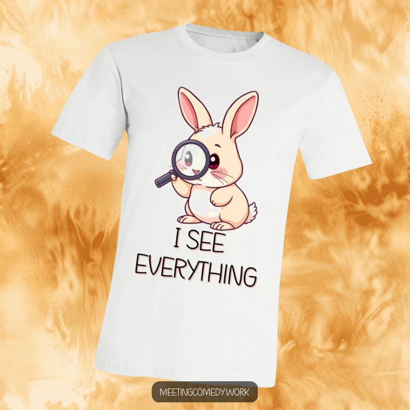 Funny t-shirt with a rabbit peering through a magnifying glass, highlighting curiosity and the joy of discovery.