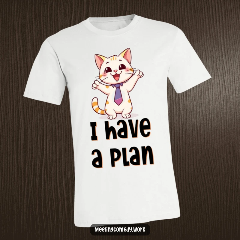 Funny t-shirt depicting a playful cat wearing a tie, pointing excitedly at a whiteboard, symbolizing innovative thinking.
