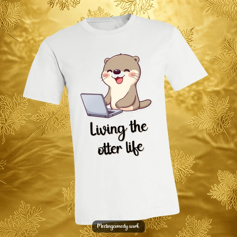 Funny otter with a beaming smile excitedly tapping on a laptop, showcasing tech enthusiasm and happiness on a t-shirt.