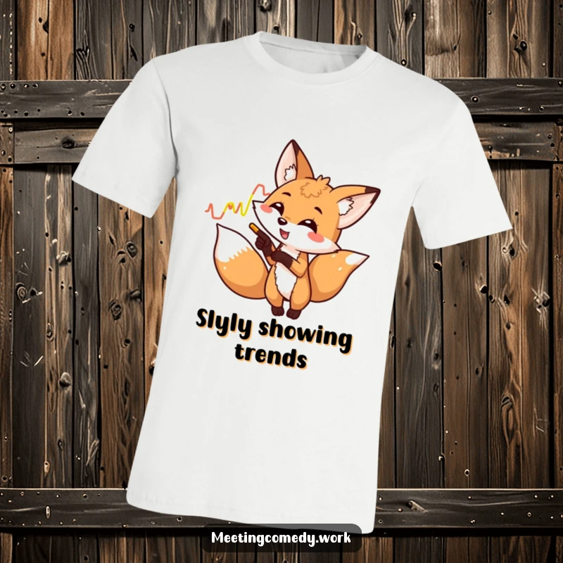 Funny fox with a playful expression enthusiastically pointing at a colorful graph, ideal for witty t-shirt humor.