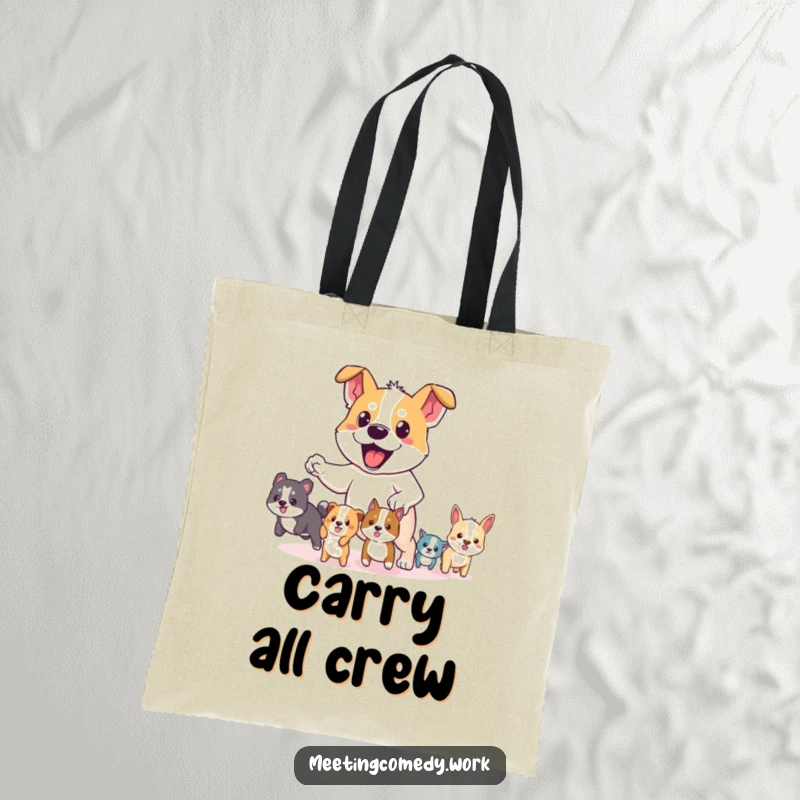 Funny tote bag showcasing a resolute dog leading a group of small animals, ideal for carrying essentials with bravery.