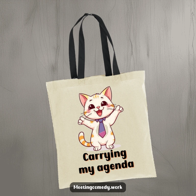 Funny tote bag with a playful cat wearing a tie, pointing excitedly at a whiteboard, a smart way to carry essentials.