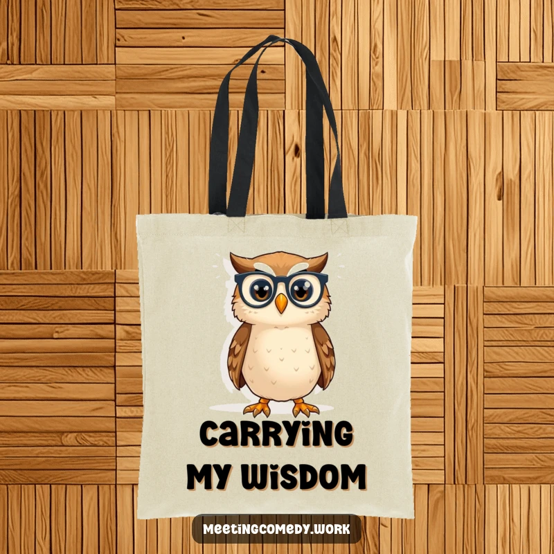 Funny owl with tiny spectacles peering at a whiteboard, symbolizing knowledge and humor on a practical tote bag.