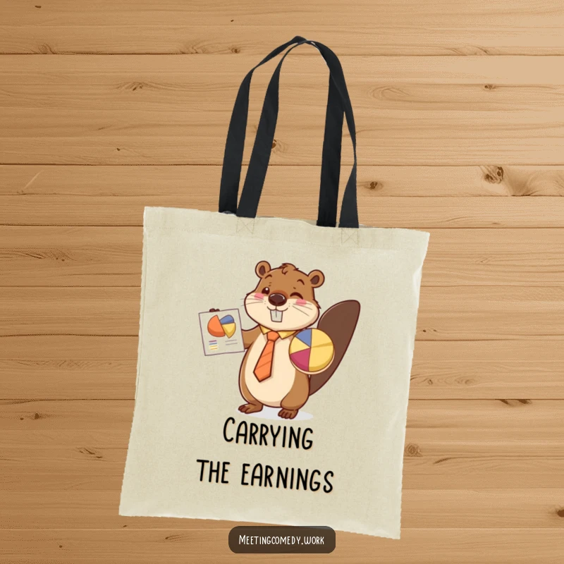 Funny beaver in a tie enthusiastically presenting a pie chart, a symbol of productivity and humor on a tote bag.