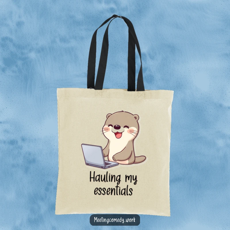 Funny otter with a beaming smile joyfully tapping on a laptop, a symbol of happy productivity on a tote bag.