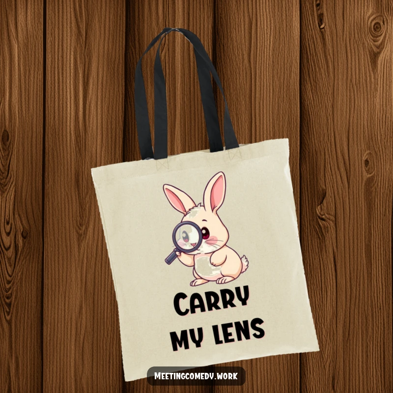 Funny tote bag with a rabbit using a magnifying glass, ideal for carrying items related to study or hobbies.