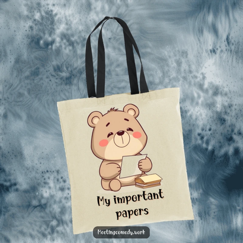 Funny bear diligently sorting papers with a satisfied grin, a symbol of order and style on a tote bag.